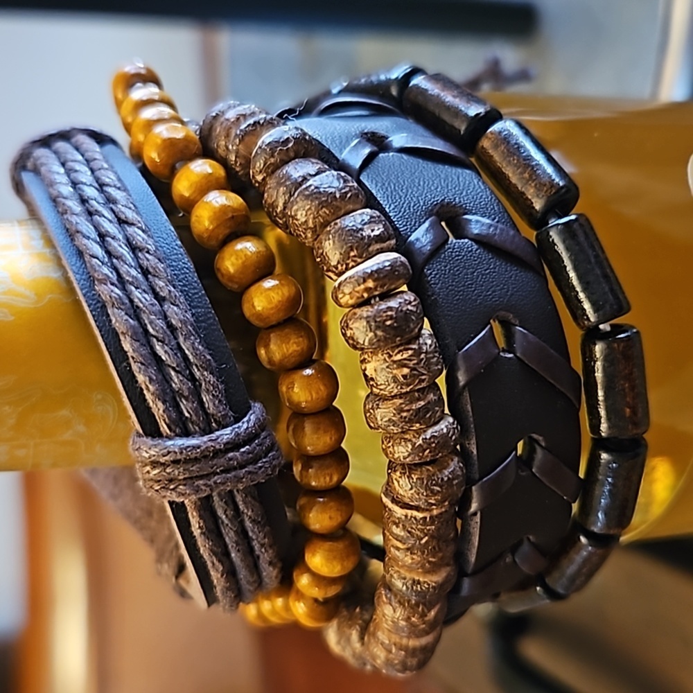 Leather and Cord and Wooden Bead Stacked Bracelets Unisex